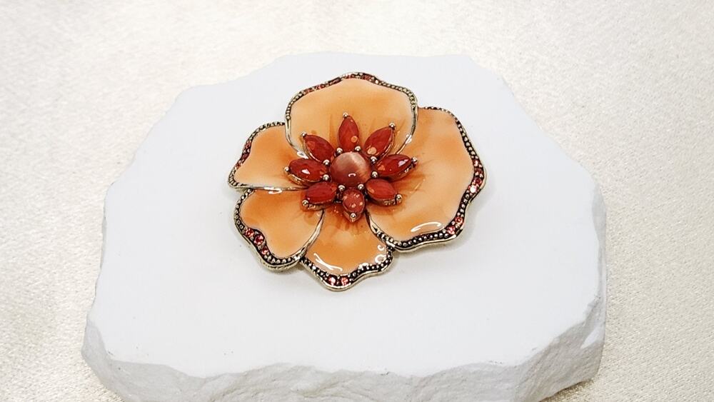 Liz Claiborne Orange Enamel Flower Brooch Gold Tone Crystal Vintage Pin